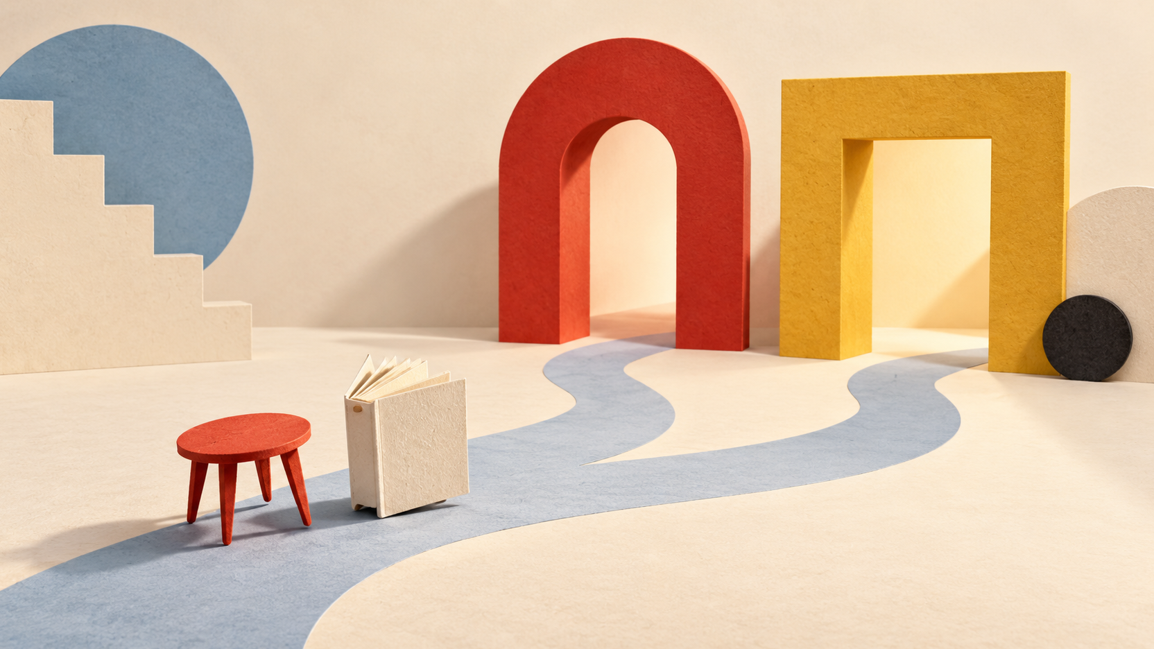 Illustration générée en théâtre de papier : un petit livre crème et une table rouge suivent deux chemins vers une arche rouge et une porte carrée jaune.