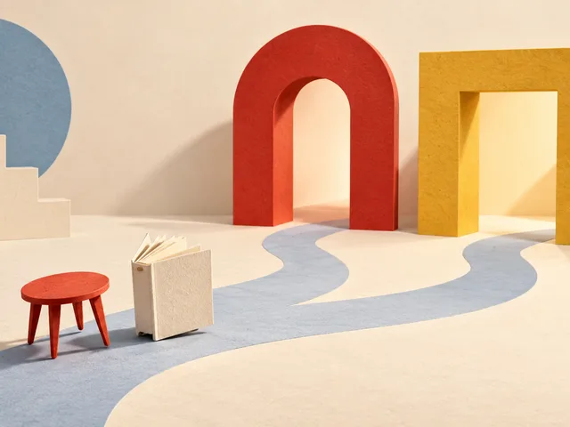Illustration générée en théâtre de papier : un petit livre crème et une table rouge suivent deux chemins vers une arche rouge et une porte carrée jaune.
