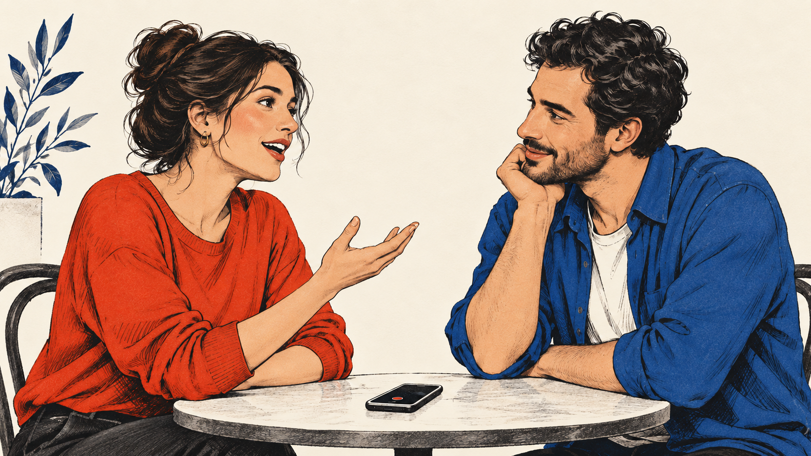 Illustration à l’encre de deux adultes pratiquant un échange oral : une femme parle, un homme écoute, un téléphone enregistre sur la table.