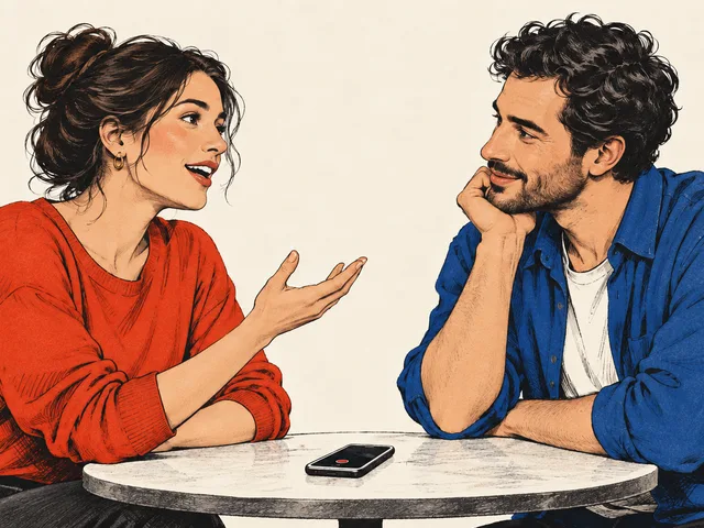 Illustration à l’encre de deux adultes pratiquant un échange oral : une femme parle, un homme écoute, un téléphone enregistre sur la table.