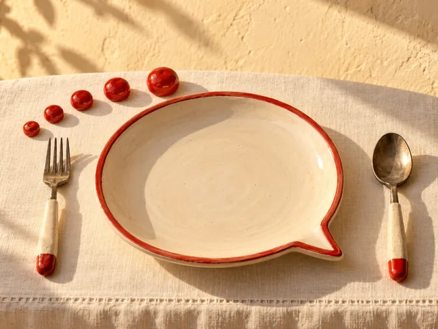 Nature morte en céramique sous une lumière chaude : une assiette en forme de bulle de dialogue, entourée d’une fourchette, d’une cuillère et de cinq perles rouges.