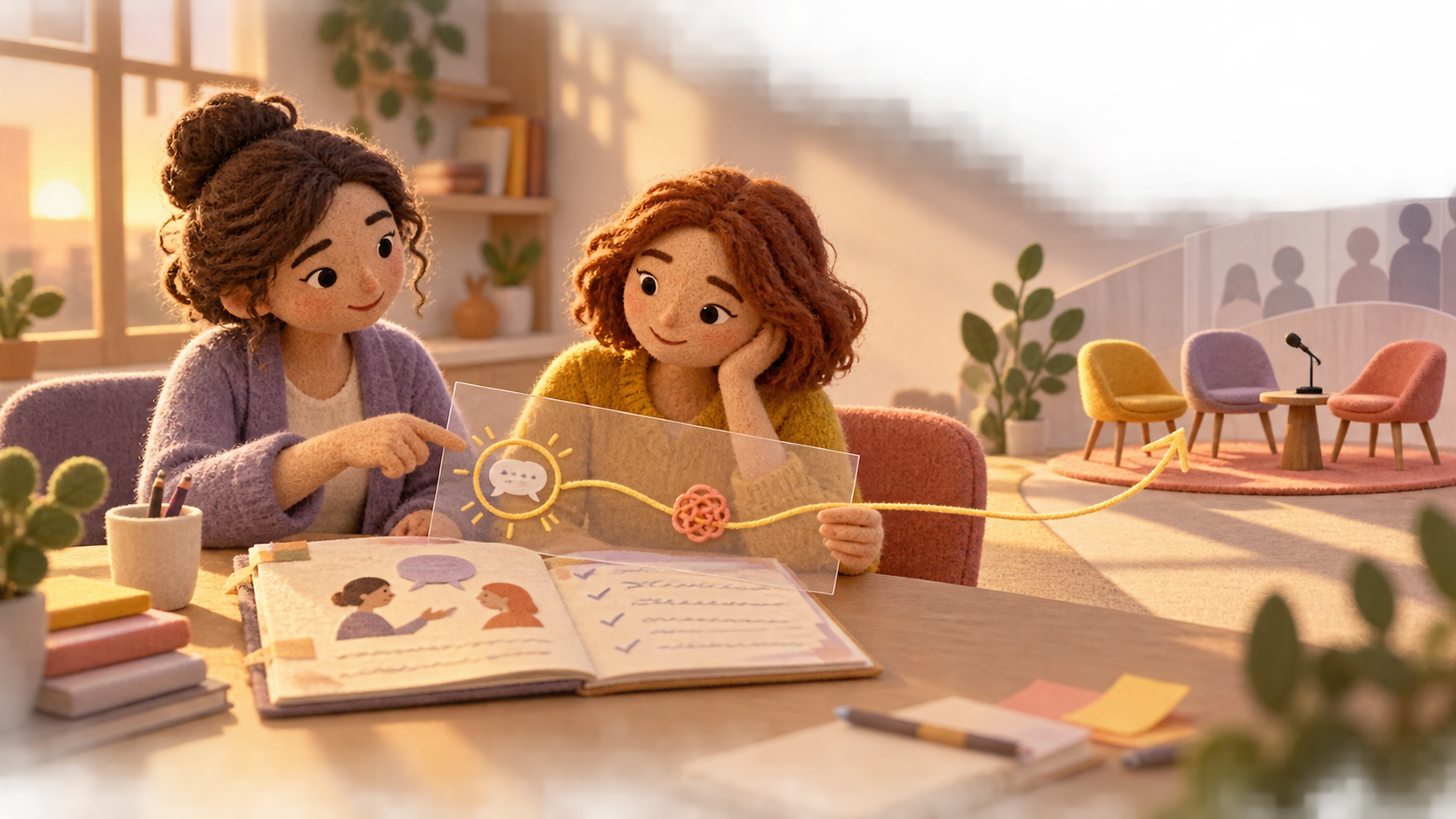 Illustration en stop-motion d’une apprenante et de la même formatrice reliant une ancienne tâche d’anglais à une nouvelle situation de conversation.