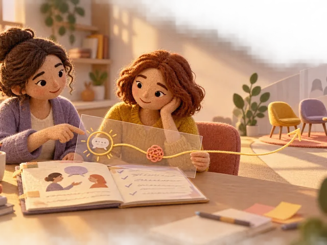 Illustration en stop-motion d’une apprenante et de la même formatrice reliant une ancienne tâche d’anglais à une nouvelle situation de conversation.