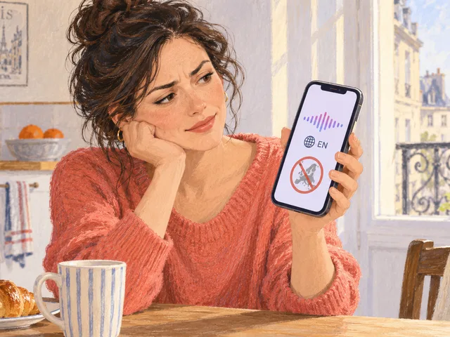 Illustration générée d’une utilisatrice en France regardant sur son téléphone un assistant vocal en anglais signalé comme indisponible en Europe.