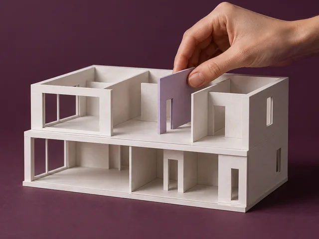 Illustration générée à l’aspect photographique : une main place une cloison mauve dans une maquette architecturale blanche en coupe, sur fond prune.