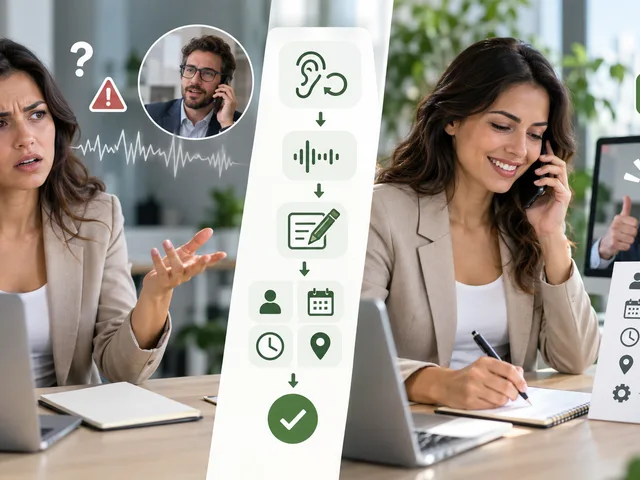 Une employée au téléphone passe du doute au soulagement. Infographie : signaler le point manquant, faire préciser, noter, puis relire et organiser la suite. Vérifier noms, nombres, dates et références. Exemple fictif : 30 chaises le 20 octobre 2026 à 15 h, disponibilité en attente. Fiche en six rubriques, recours à l’écrit ou à un collègue et exercice en binôme. Comprendre une demande ne signifie pas l’accepter. Méthode complète dans le texte.