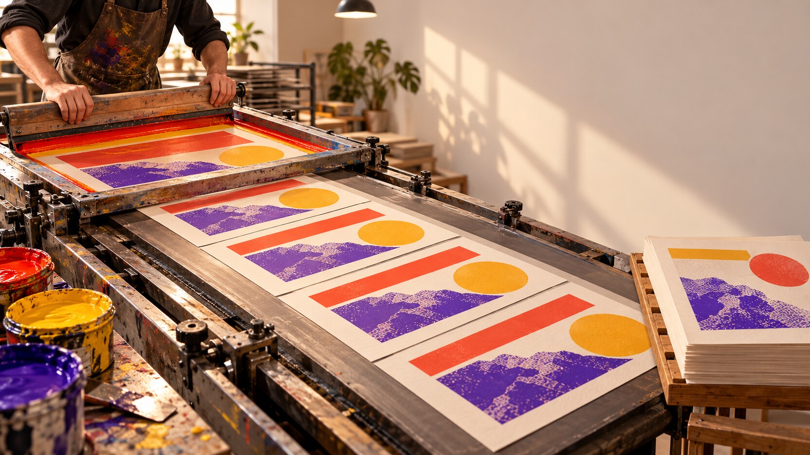 Illustration éditoriale d’un atelier de sérigraphie : un écran-maître aligne quatre panneaux de présentation tandis qu’un cinquième, importé, garde une trame décalée.