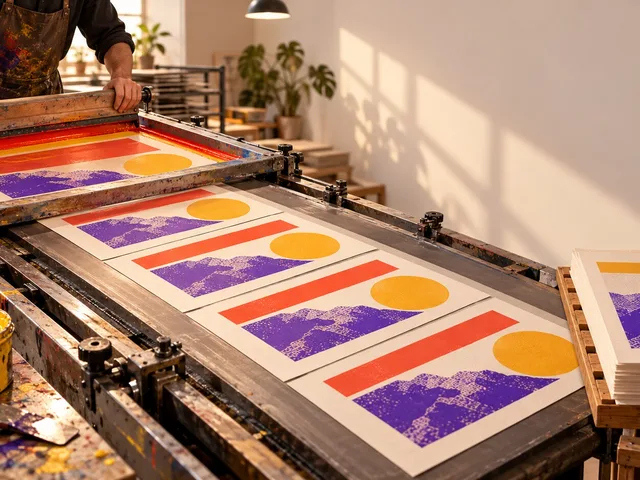 Illustration éditoriale d’un atelier de sérigraphie : un écran-maître aligne quatre panneaux de présentation tandis qu’un cinquième, importé, garde une trame décalée.