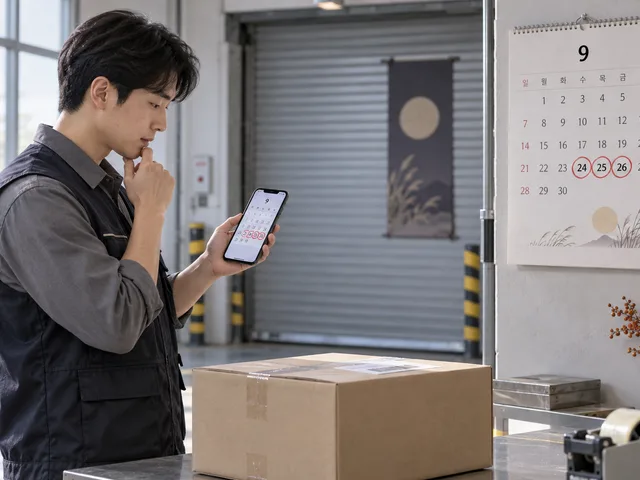 Illustration : dans un entrepôt coréen, une personne vérifie sur son téléphone les dates de fermeture de Chuseok à côté d’un colis prêt à partir.