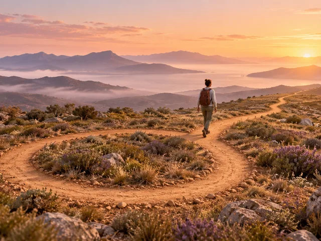 Vue aérienne d’un chemin ocre qui forme une boucle avant de continuer vers l’horizon, parcouru par une personne au lever du jour.