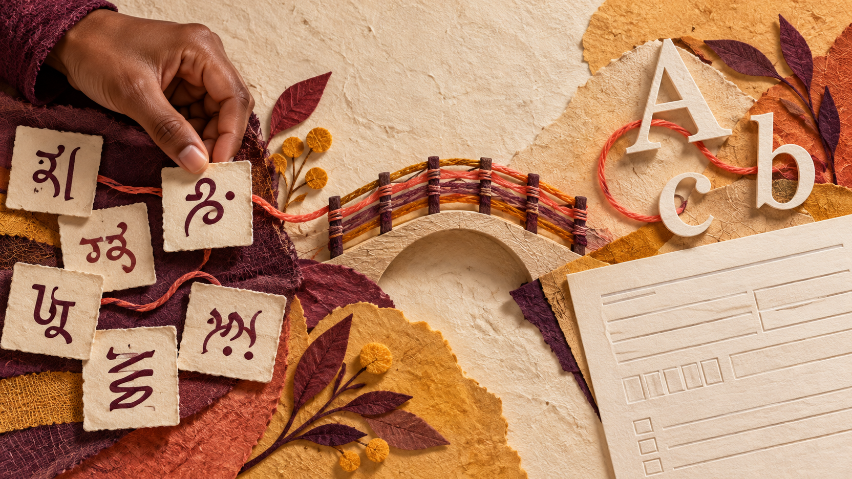 Collage tactile montrant une main, des signes d’un autre système d’écriture, un pont de fils, des lettres latines et un formulaire simple.