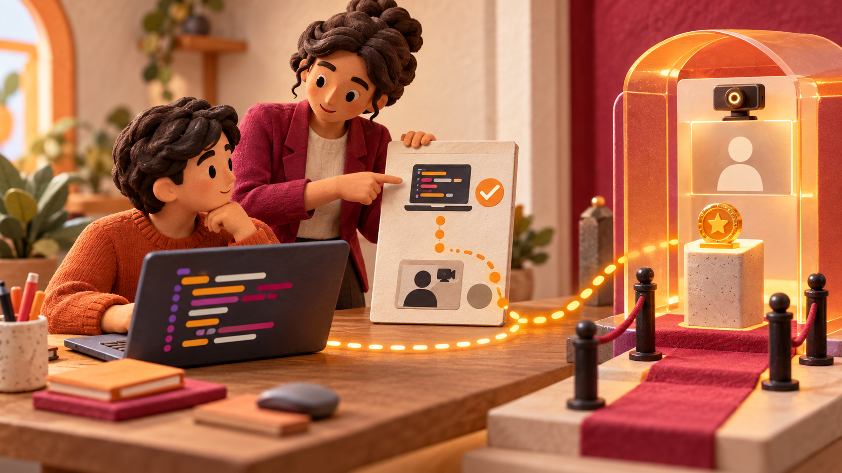 Illustration en diorama d’une apprenante et d’une formatrice reliant un projet Python à un portail d’examen surveillé encore distinct.