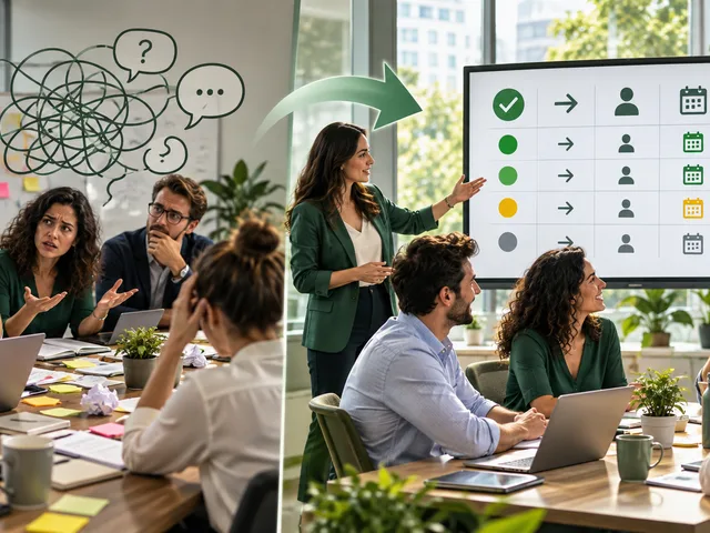 Infographie « Parler ne suffit pas » : une réunion passe du chaos à une décision claire. Elle aide à choisir le bon format, préparer un brief en six lignes, conduire cinq temps en 45 minutes, puis remplir un registre décision, action, responsable, échéance et preuve. Un exemple de pilote distingue ce qui est décidé de ce qui reste à vérifier. Les cas sans décideur, avec faits contestés, urgence ou transcription IA sont signalés.