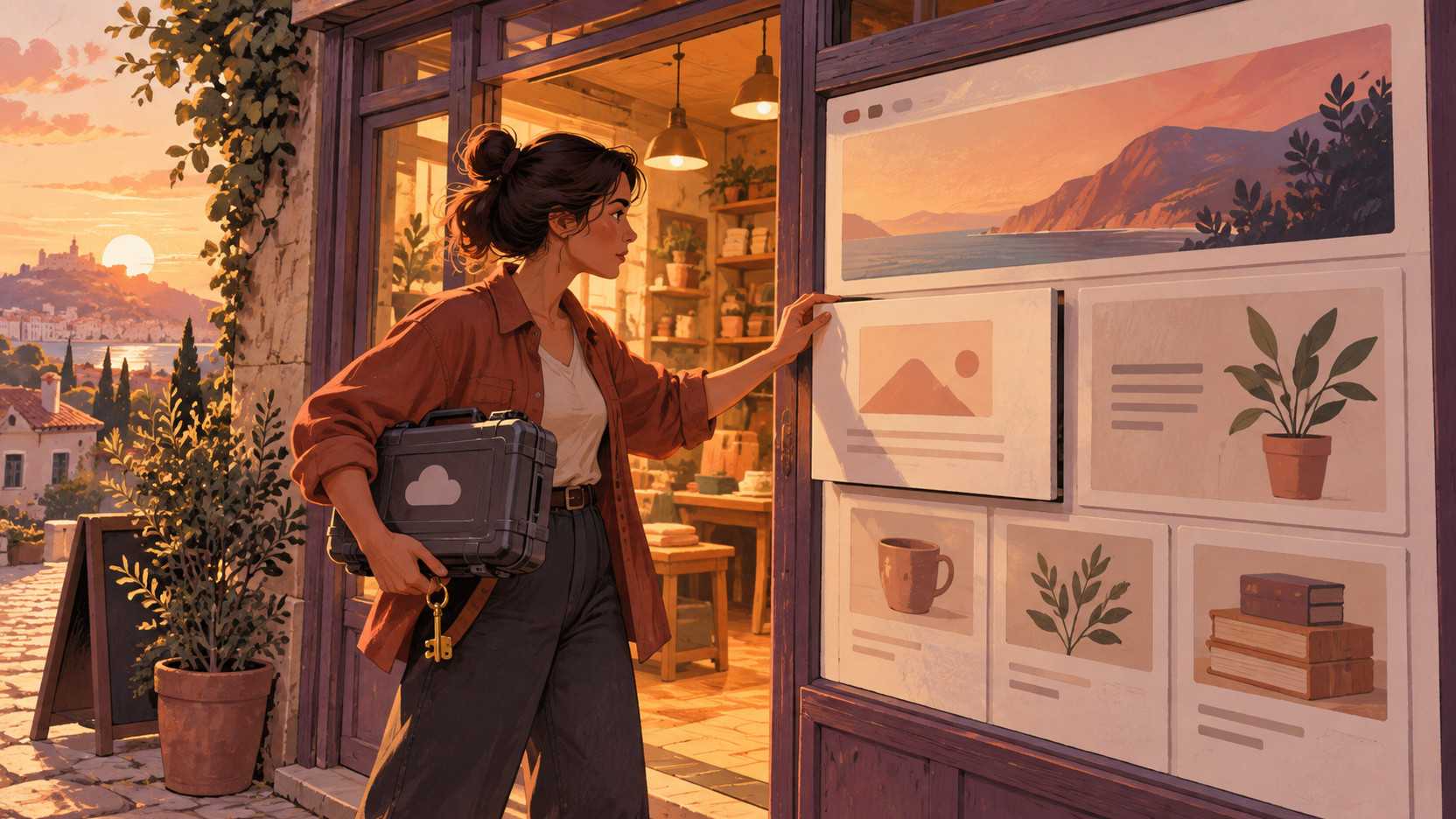 Illustration générée montrant une professionnelle rouvrant un atelier-vitrine numérique, une clé et une mallette de sauvegarde en main, avant de déplacer un panneau de contenu.
