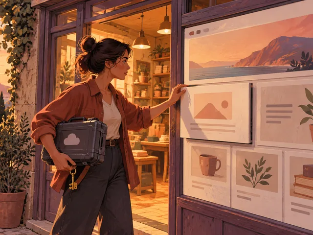 Illustration générée montrant une professionnelle rouvrant un atelier-vitrine numérique, une clé et une mallette de sauvegarde en main, avant de déplacer un panneau de contenu.