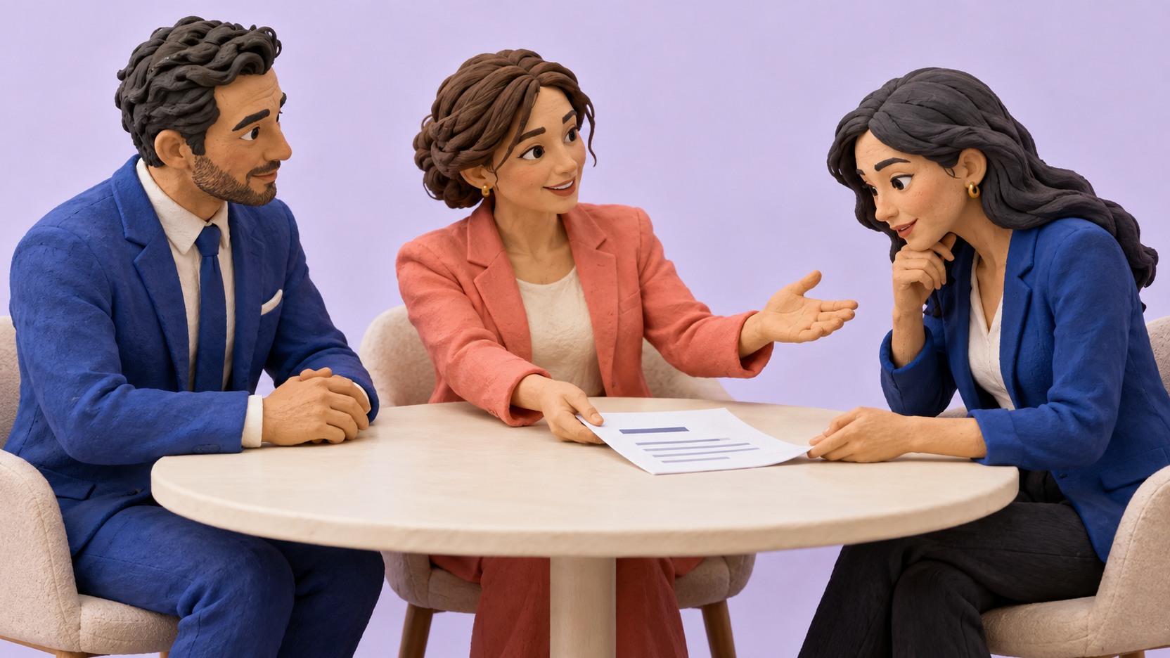 Illustration générée en volume : une cliente présente une proposition à sa collègue autour d’une table, tandis que le commercial écoute leur échange.