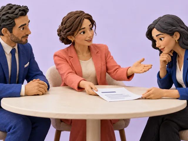 Illustration générée en volume : une cliente présente une proposition à sa collègue autour d’une table, tandis que le commercial écoute leur échange.