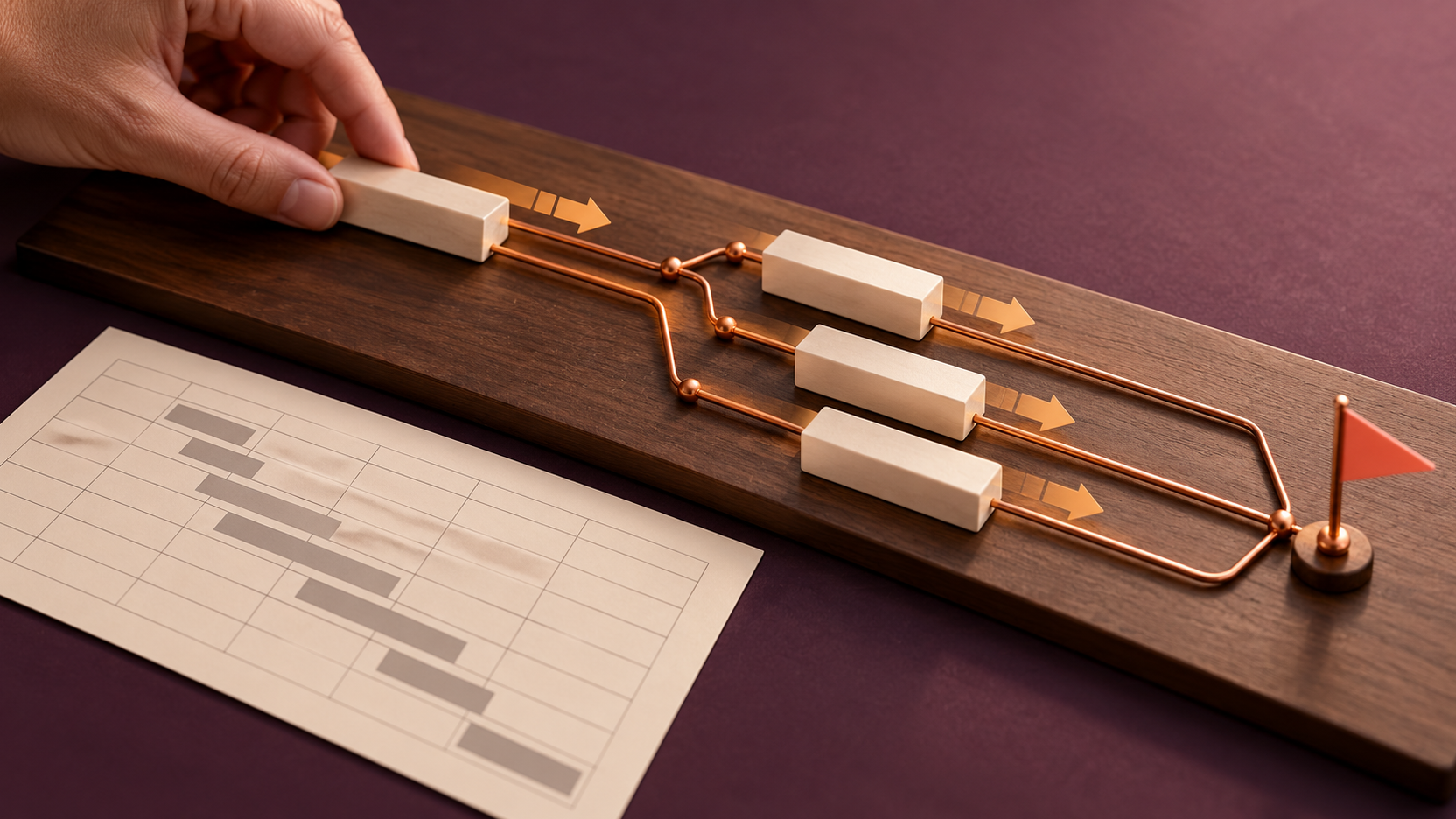 Photographie éditoriale d’une main déplaçant le premier bloc d’un planning mécanique relié par des rails de cuivre jusqu’à un jalon, à côté d’une feuille de planning statique.
