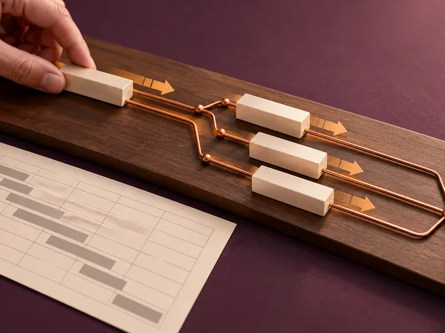 Photographie éditoriale d’une main déplaçant le premier bloc d’un planning mécanique relié par des rails de cuivre jusqu’à un jalon, à côté d’une feuille de planning statique.