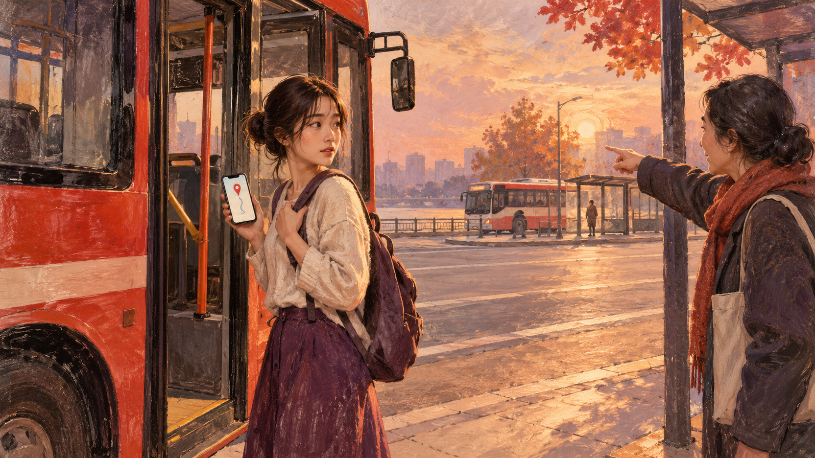 Illustration générée à l’encaustique d’une voyageuse devant un bus, montrant sa destination sur téléphone tandis qu’une personne lui indique l’arrêt opposé.