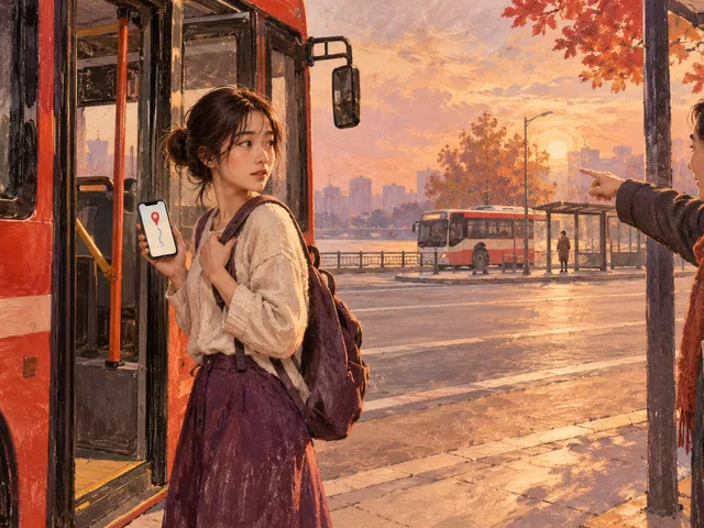 Illustration générée à l’encaustique d’une voyageuse devant un bus, montrant sa destination sur téléphone tandis qu’une personne lui indique l’arrêt opposé.