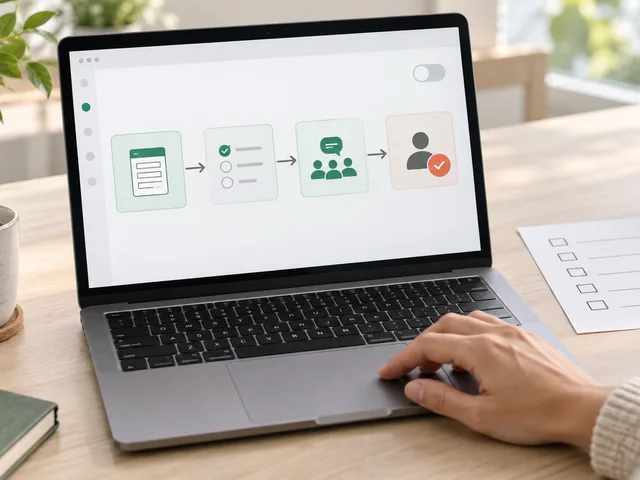 Illustration générée : sur un bureau lumineux, une personne vérifie sur son ordinateur un flux reliant un formulaire, une tâche, un message d’équipe et une validation humaine, avec une checklist à côté.