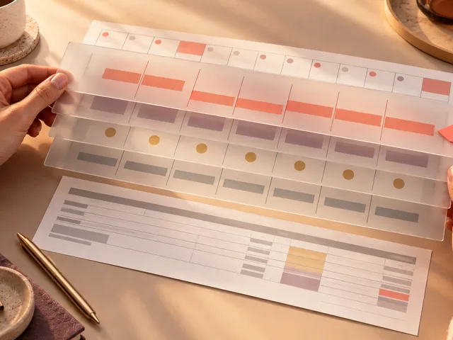 Illustration éditoriale de deux mains alignant quatre calques translucides au-dessus d’un calendrier et d’un bulletin fictif, avec un repère corail signalant la couche décalée.