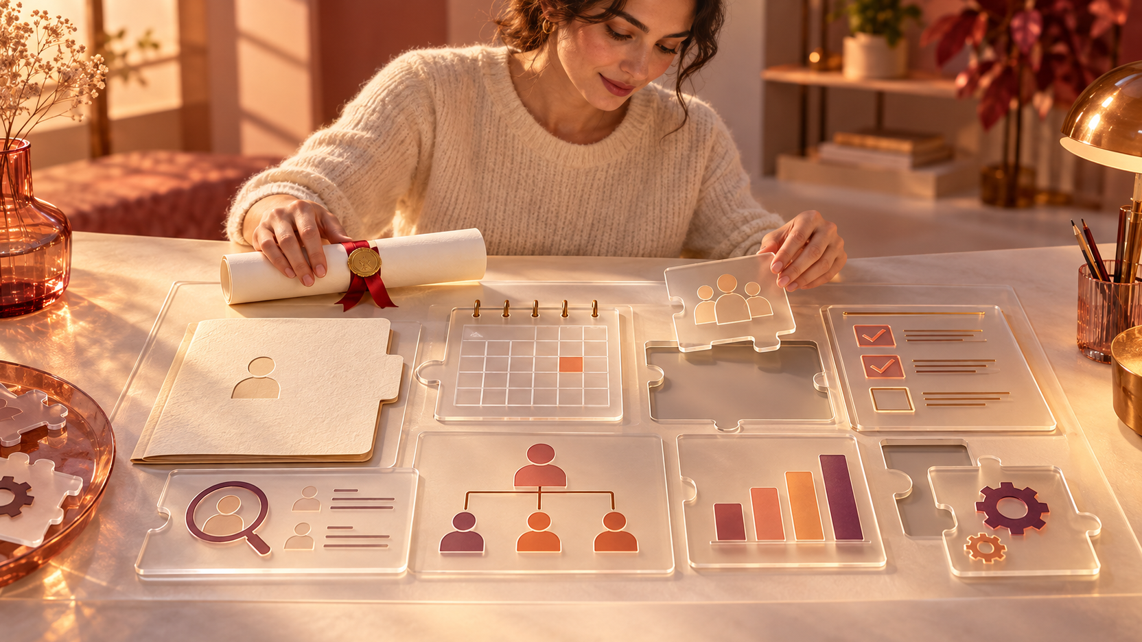 Illustration générée d’une personne comparant son diplôme à des gabarits de tâches RH sur une table lumineuse, afin de repérer les acquis et les compétences à compléter.