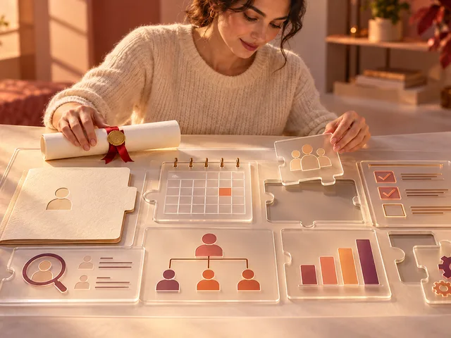 Illustration générée d’une personne comparant son diplôme à des gabarits de tâches RH sur une table lumineuse, afin de repérer les acquis et les compétences à compléter.