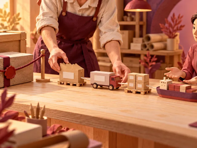 Illustration en papier et bois d’un dossier logistique réel gardé derrière un cordon, tandis qu’une maquette fictive de la chaîne d’expédition est transmise à une formatrice.