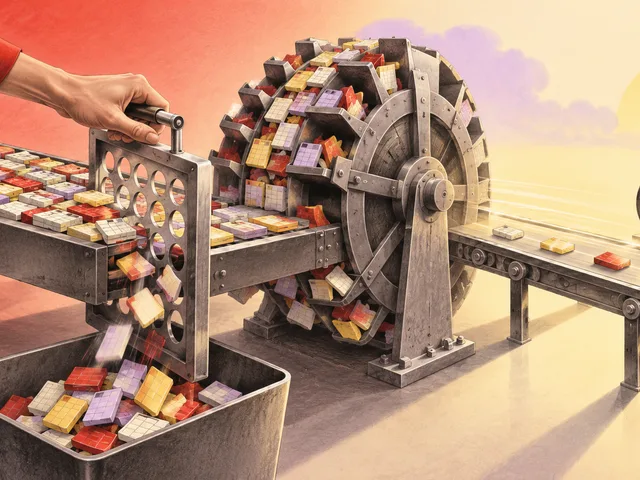Illustration à l’aérographe d’une main plaçant un filtre en amont d’une lourde roue de tri sur un convoyeur de tuiles figurant des données Power Query.