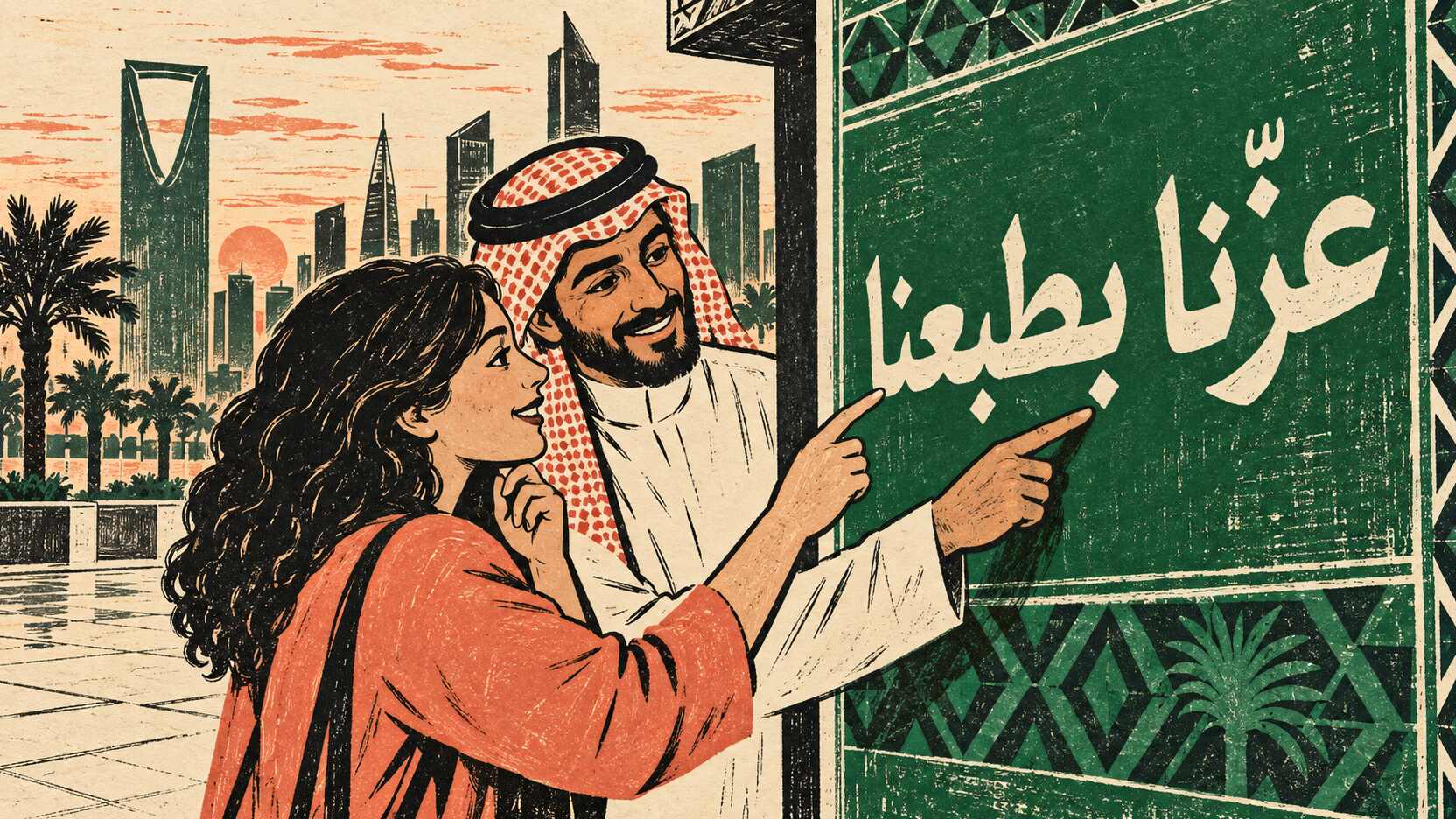 Illustration en gravure sur bois : une apprenante et un Saoudien déchiffrent ensemble les éléments du slogan arabe « عزّنا بطبعنا » sur une affiche verte à Riyad.
