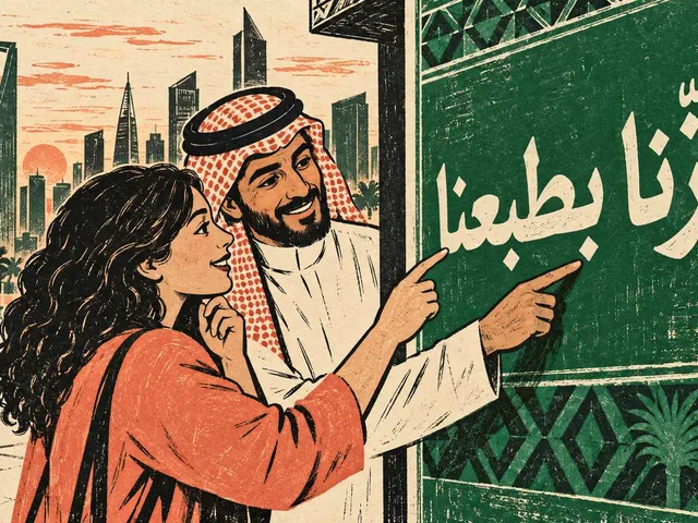 Illustration en gravure sur bois : une apprenante et un Saoudien déchiffrent ensemble les éléments du slogan arabe « عزّنا بطبعنا » sur une affiche verte à Riyad.