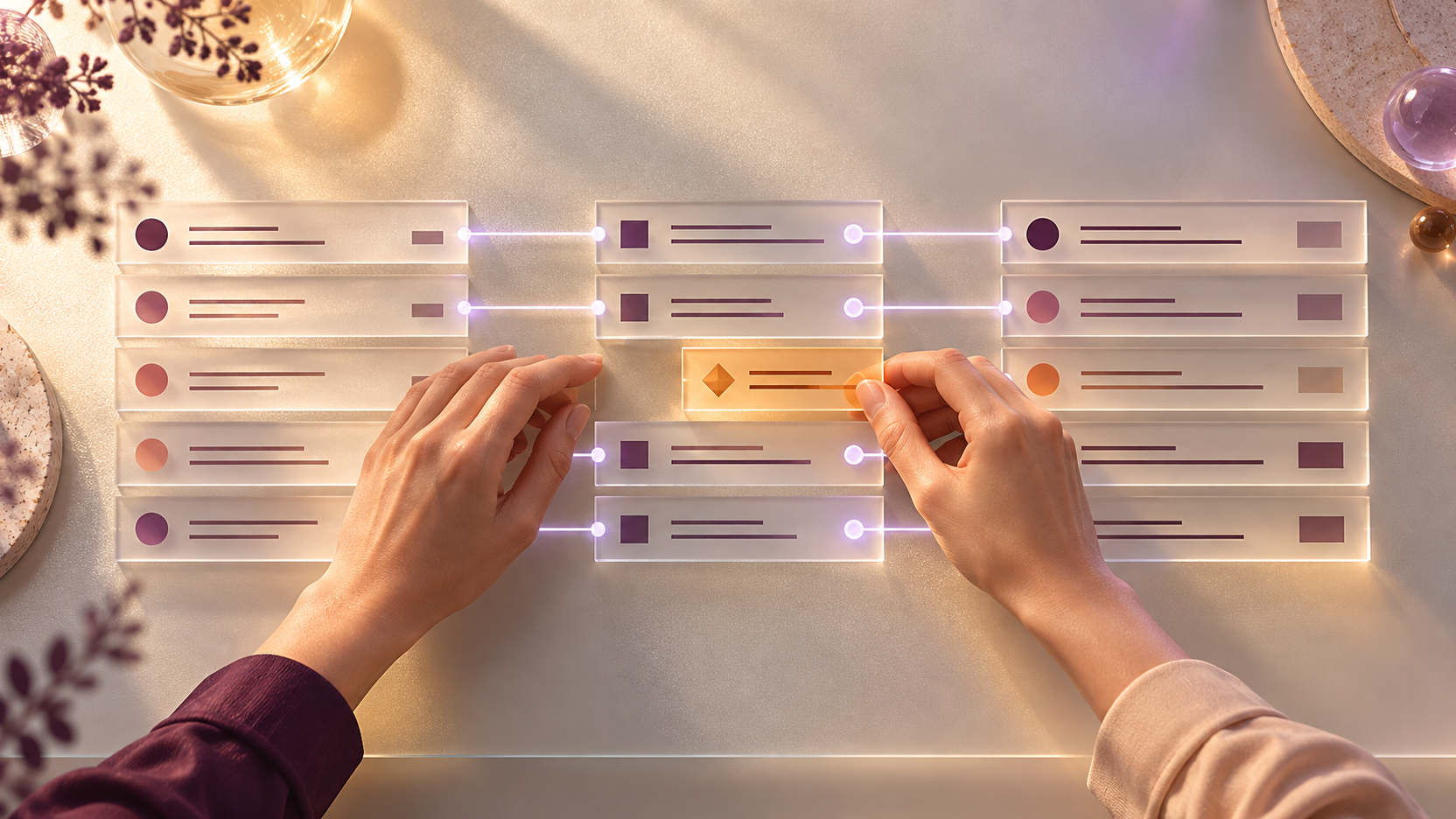 Vue zénithale stylisée de deux mains alignant des lignes translucides de factures et de paiements, tandis qu’une pièce orange comble l’unique écart.