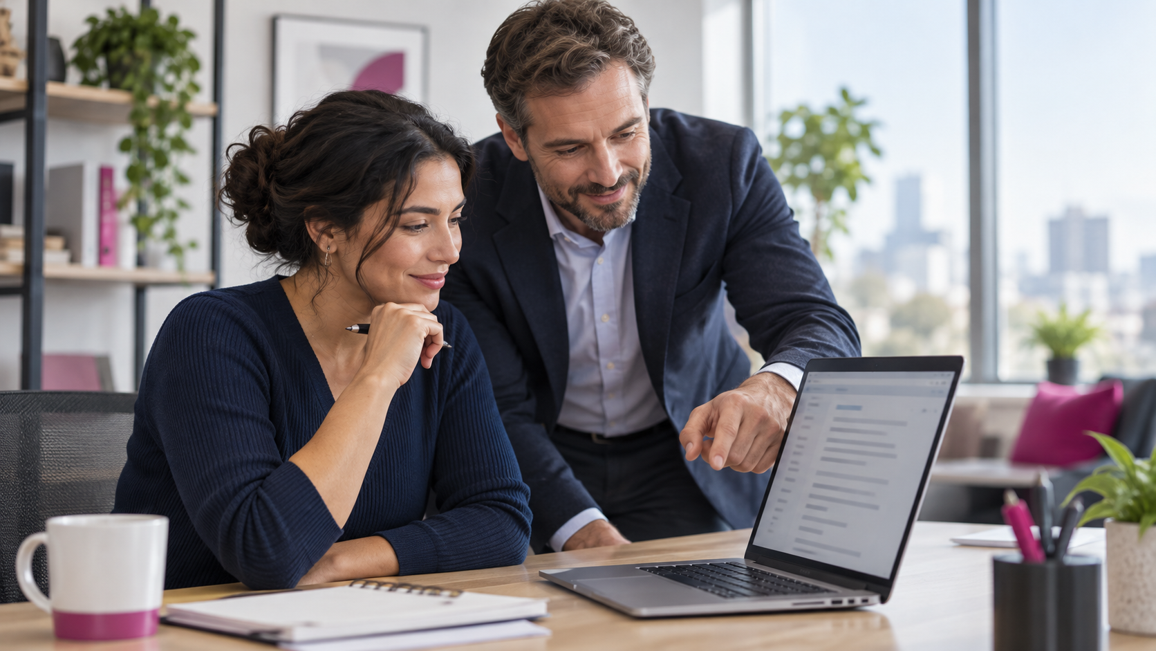 Manager et salariée examinant ensemble un courriel client sur un ordinateur dans un bureau, avec une posture collaborative.