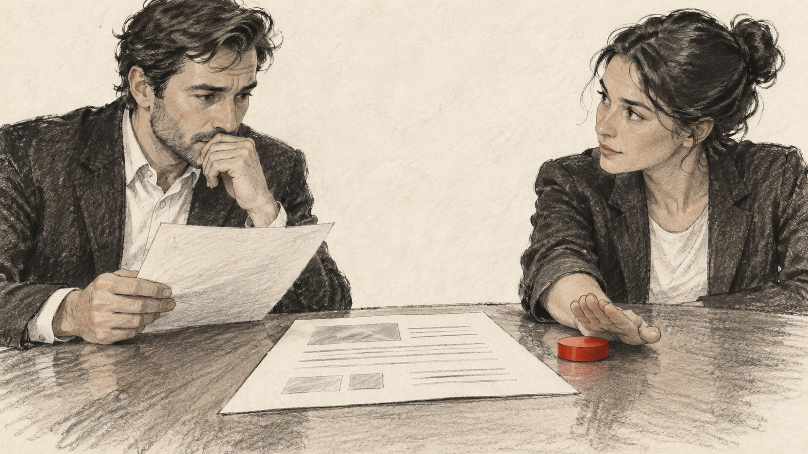 Illustration générée au fusain : pendant une réunion, une proposition reste au centre de la table tandis qu’un jeton rouge d’action est retenu avant validation.