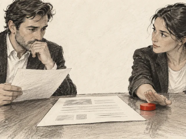 Illustration générée au fusain : pendant une réunion, une proposition reste au centre de la table tandis qu’un jeton rouge d’action est retenu avant validation.