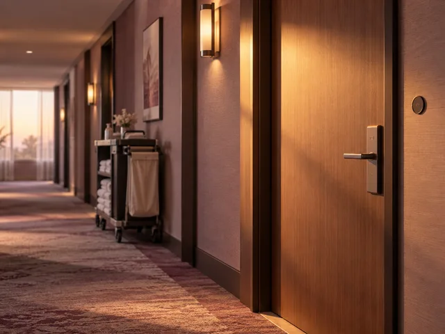 Image générée d’un couloir d’hôtel calme éclairé par une lumière ambrée, avec une porte fermée au premier plan et un chariot d’étage en retrait.
