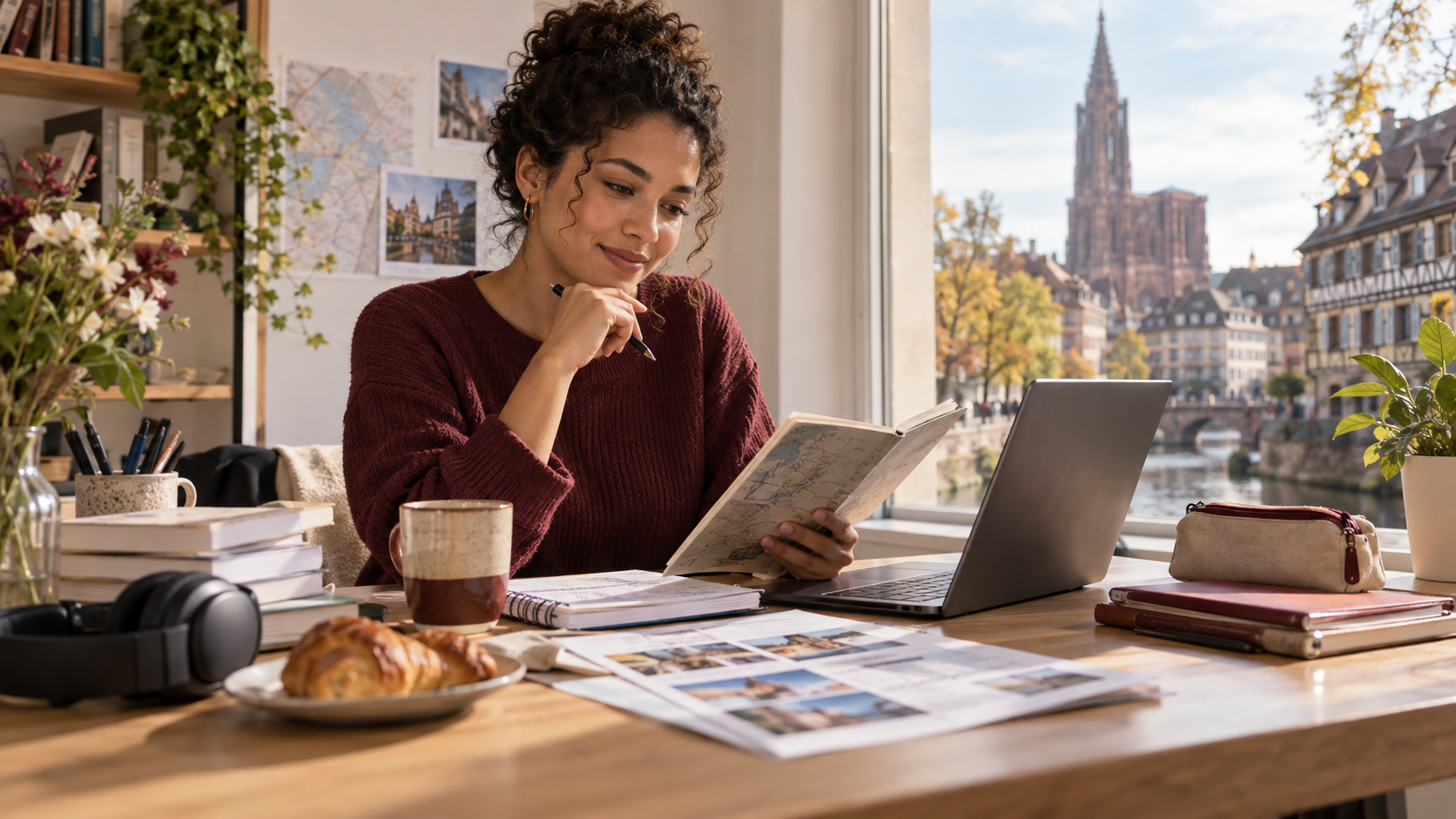 Adulte apprenant le français à une table de travail, avec cahier, ordinateur et casque, devant une vue de Strasbourg.