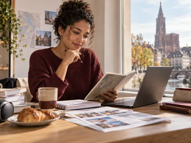 Adulte apprenant le français à une table de travail, avec cahier, ordinateur et casque, devant une vue de Strasbourg.