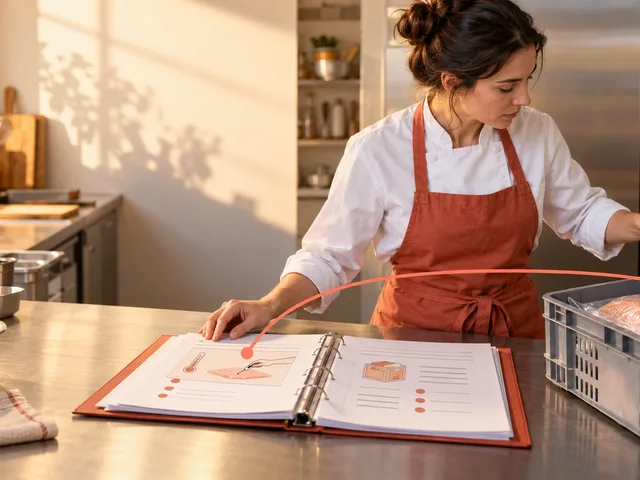 Illustration générée d’une restauratrice reliant un classeur PMS à un contrôle de température effectué sur une livraison réfrigérée.