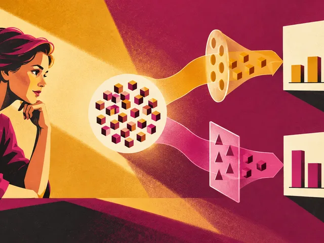 Illustration sérigraphiée d’une analyste comparant deux graphiques issus du même noyau de données après le passage par deux filtres de formes différentes.