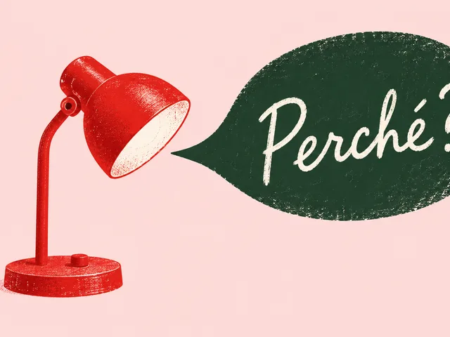 Illustration générée dans un style de sérigraphie : une lampe rouge fait face à une bulle verte portant le mot italien « Perché ? », sur fond rose pâle.