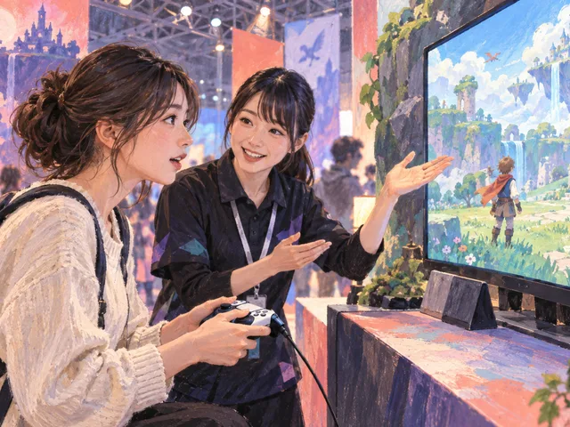 Illustration : au salon du jeu vidéo, une visiteuse tient une manette et pose une question à une représentante devant une démonstration sur grand écran.