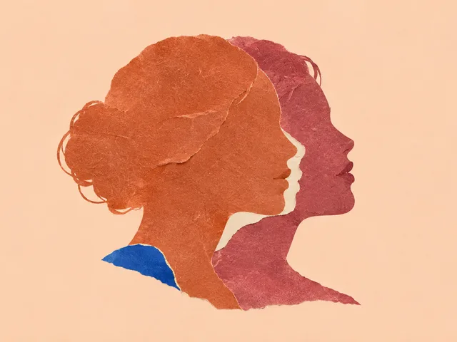 Collage généré : deux profils de papier terracotta et rose se superposent sur un fond pêche, avec un petit accent bleu.