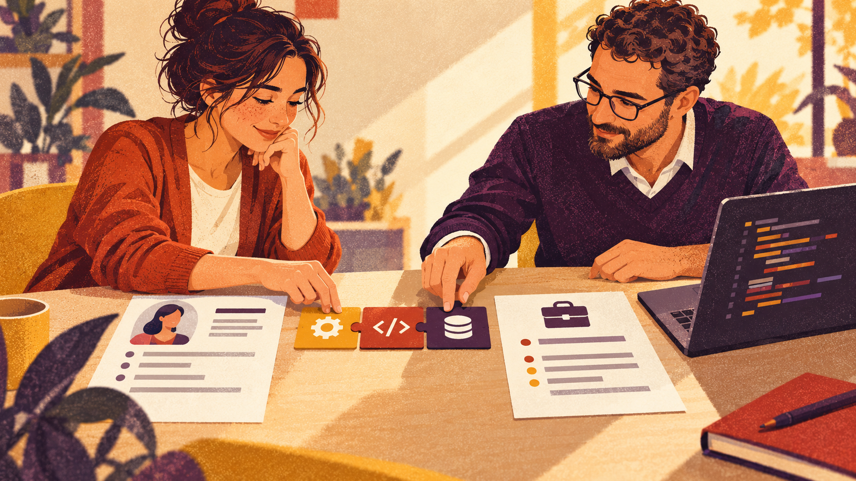 Illustration stylisée d’une candidate et d’un employeur alignant une fiche de poste, un ordinateur et trois cartes de compétences à acquérir.