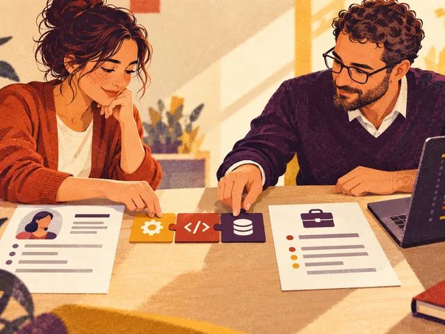 Illustration stylisée d’une candidate et d’un employeur alignant une fiche de poste, un ordinateur et trois cartes de compétences à acquérir.