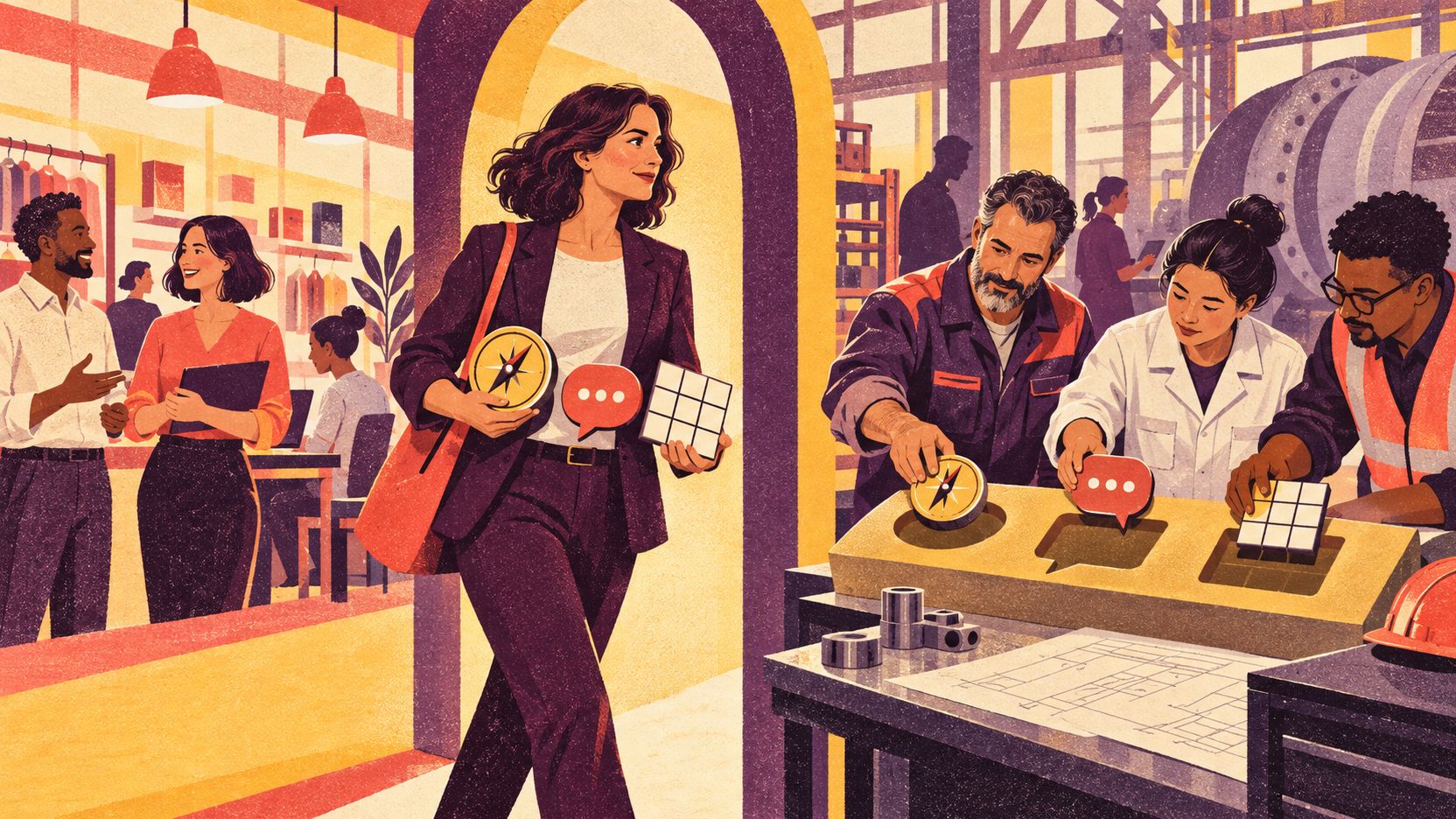 Illustration sérigraphiée d’une manager franchissant un passage entre un univers commercial et un atelier industriel, où ses outils d’expérience sont réagencés avec de nouveaux collègues.