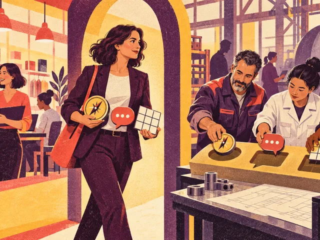 Illustration sérigraphiée d’une manager franchissant un passage entre un univers commercial et un atelier industriel, où ses outils d’expérience sont réagencés avec de nouveaux collègues.