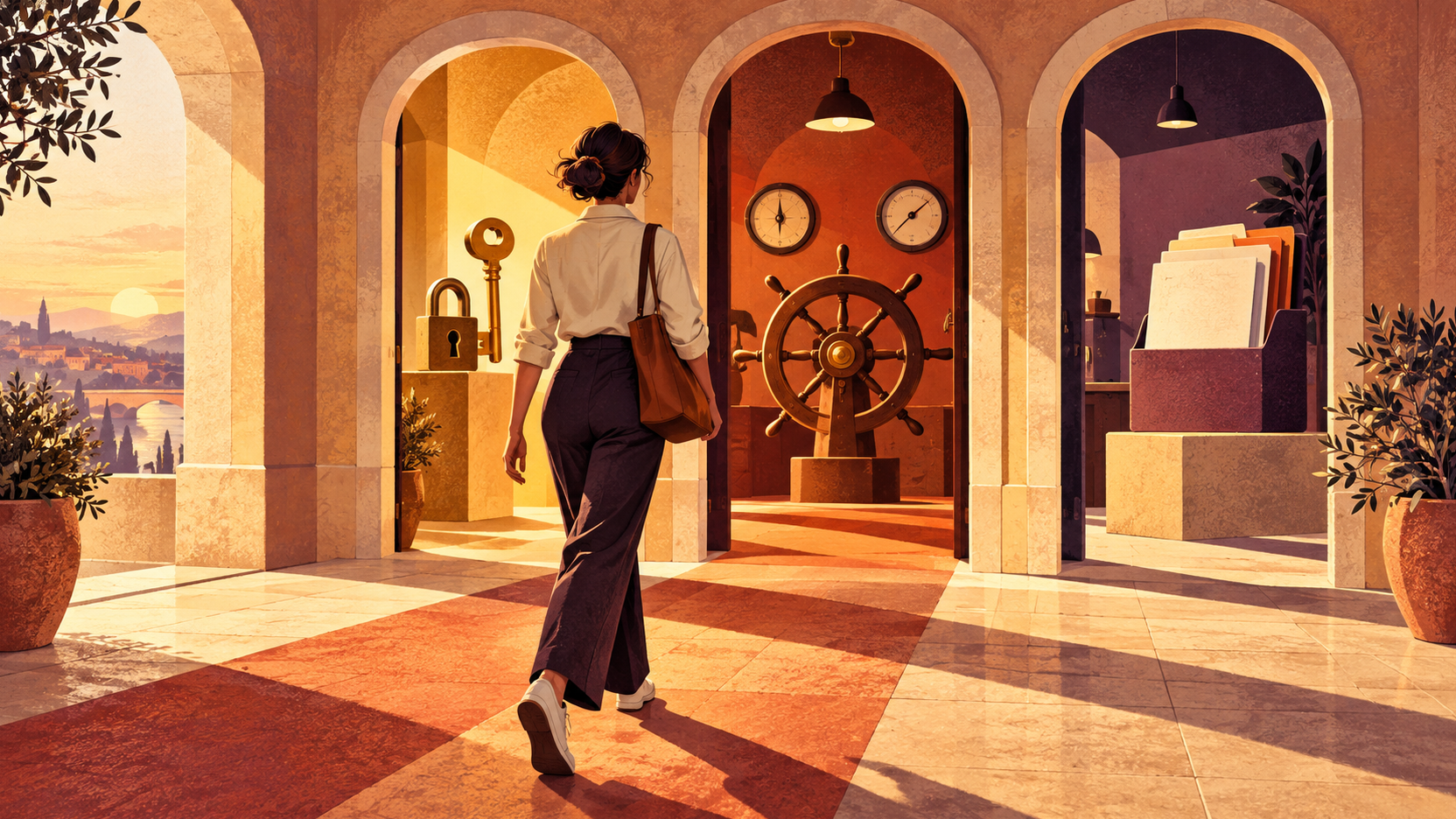 Illustration sérigraphiée d’une future entrepreneuse avançant vers trois portes symbolisant l’accès au métier, le pilotage et les preuves du projet.